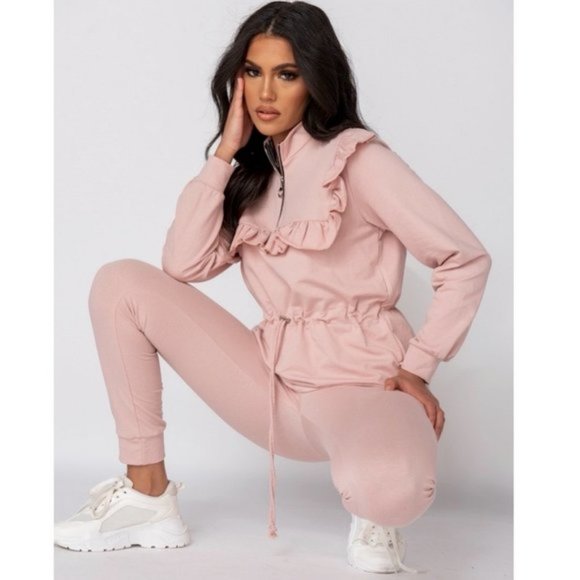 Pink Long Sleeve High Neck Frill Detail Top and Jogger Pants Two Piece Set - Picture 7 of 11